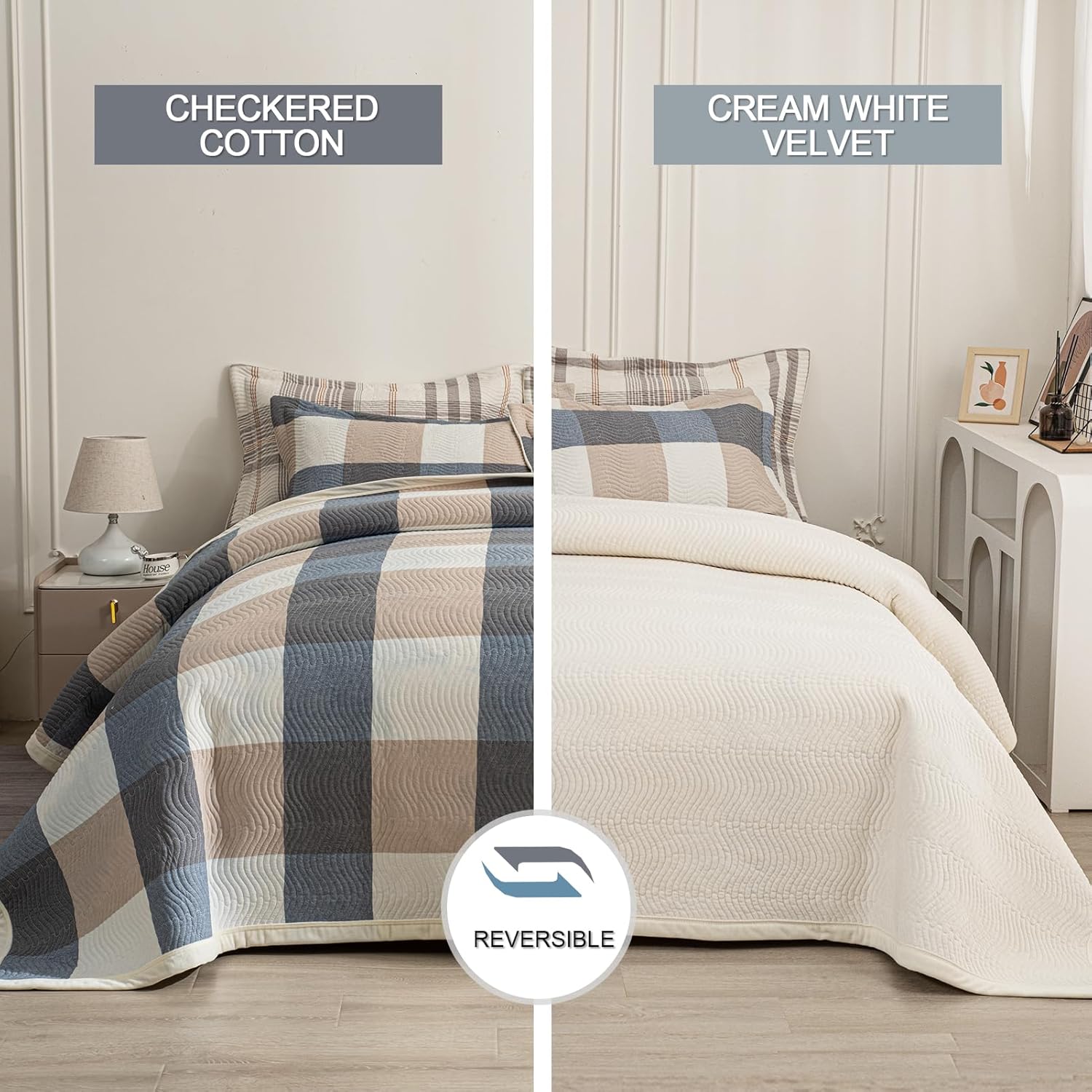 Cotton Plaid Quilt Set, Ultra Soft 3 Pieces Queen Size Bedding with 2 Pillow Shams, Lightweight Reversible Coverlet Bedspread with Wave Quilting for Summer, 90"x96", Grid-Beige Blue - Image 2