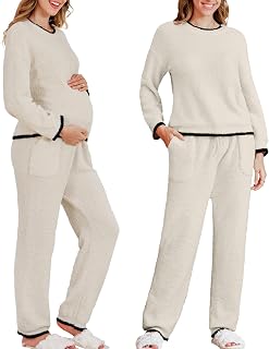 Women Pajamas Fleece 2 Piece Postpartum Lounge Set Maternity Comfy Pockets Color Block Long Sleeve Cozy Winter