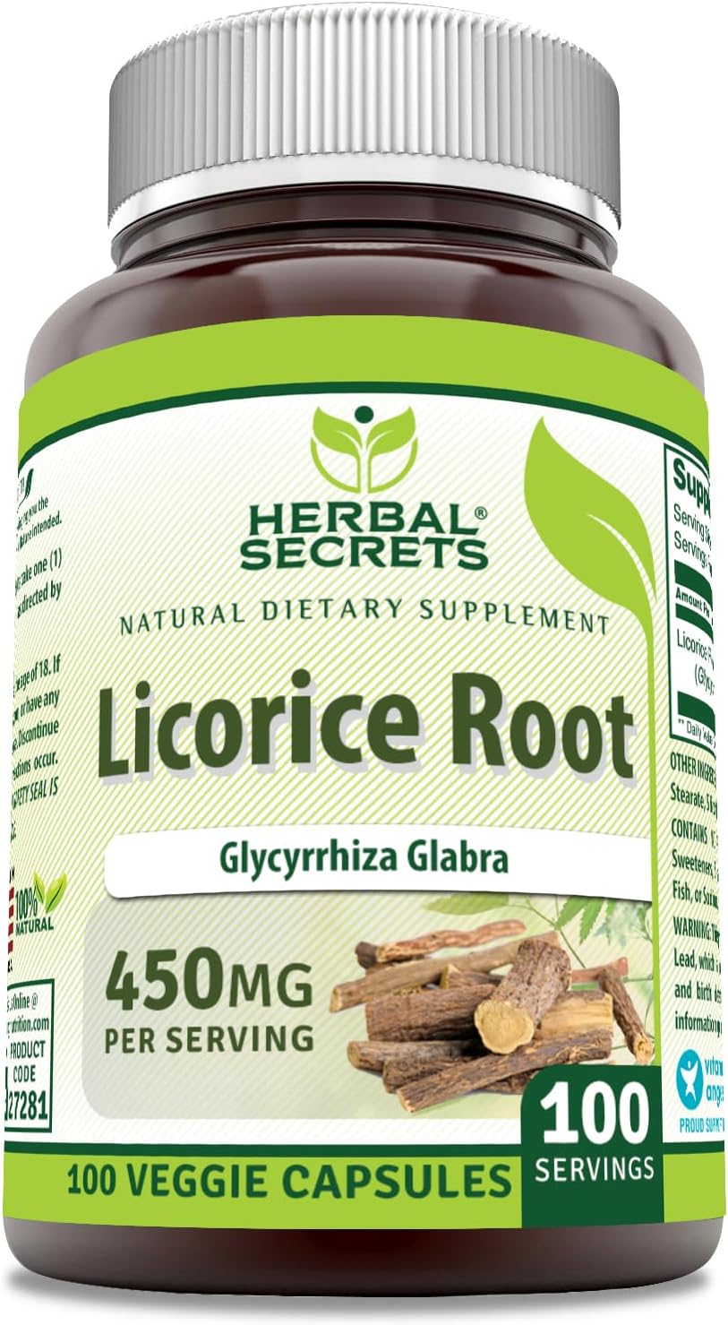 Herbal Secrets Licorice Root | 450 Mg | 100 Veggie Capsules | Non-GMO | Gluten-Free | Made in USA