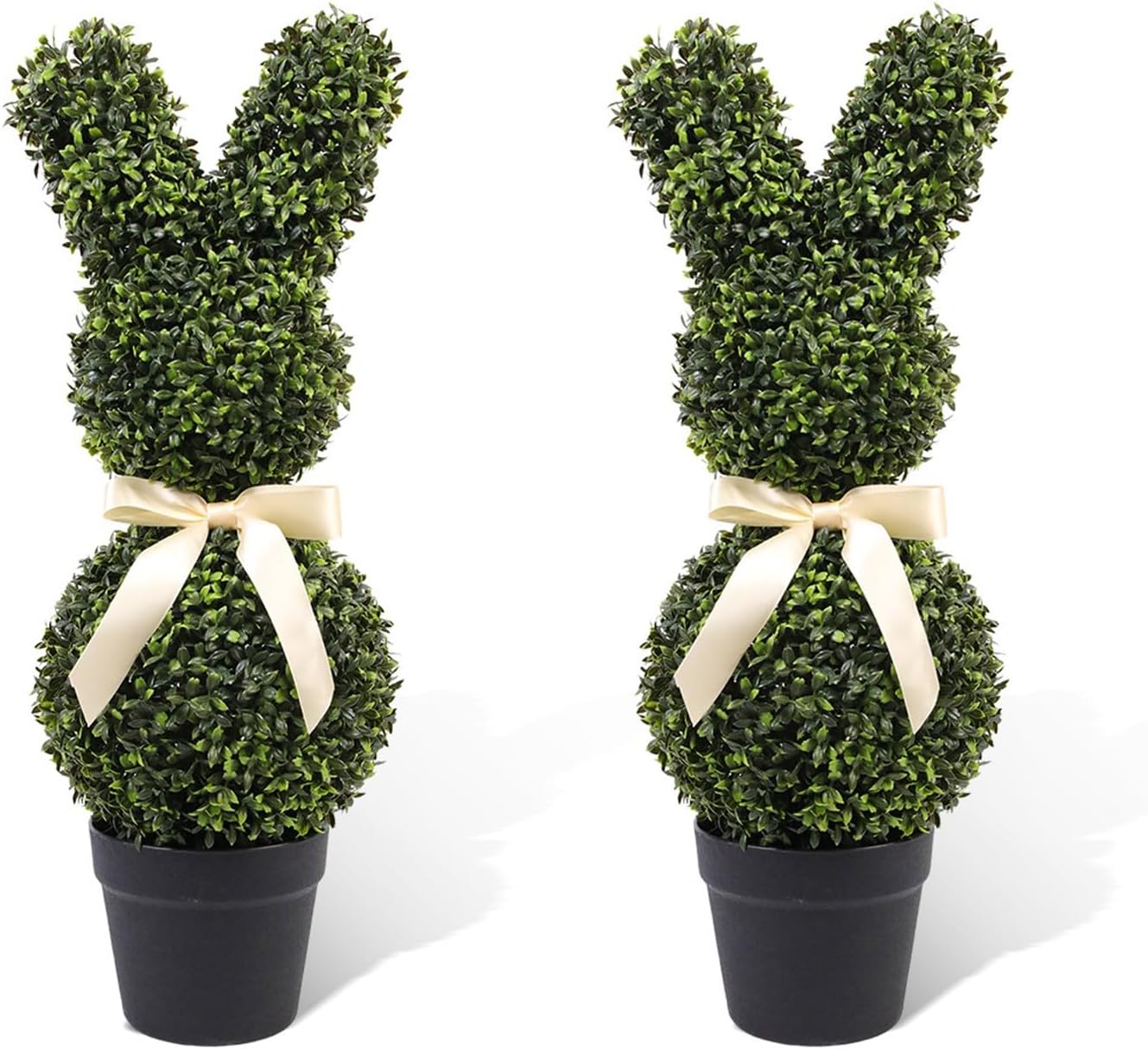 Easter Bunny Topiary, UV-Resistant Faux Boxwood Topiary Trees, Evergreen Artificial Rabbit Shaped Plant with Bowknot for Outdoor Indoor Porch Decor (2, 31.5inch B)