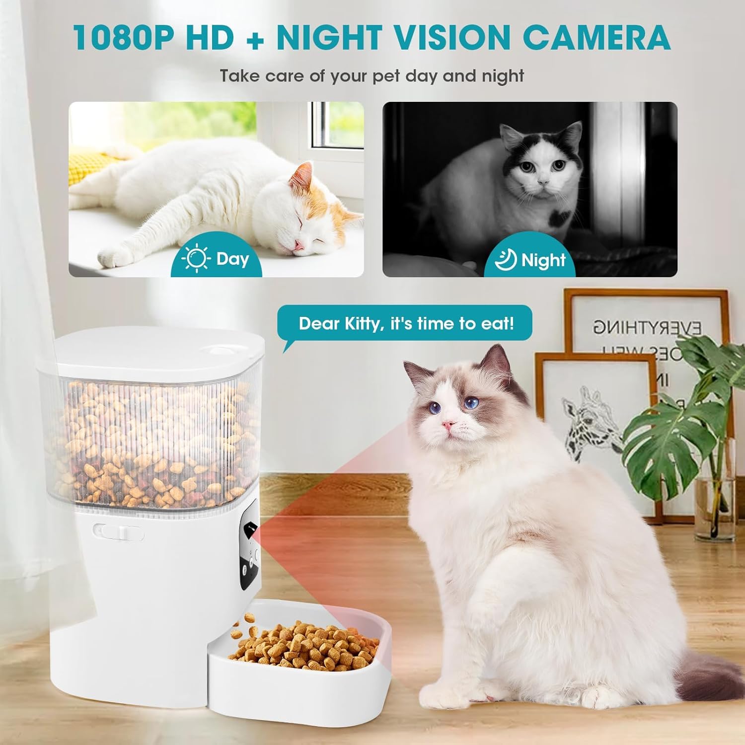 Distributore Automatico Cibo Gatti, 3L Dispenser Cibo Gatti con Fotocamera 1080P, 2,4G Wifi+Bluetooth, Funzione Timer e Registrazione Vocale