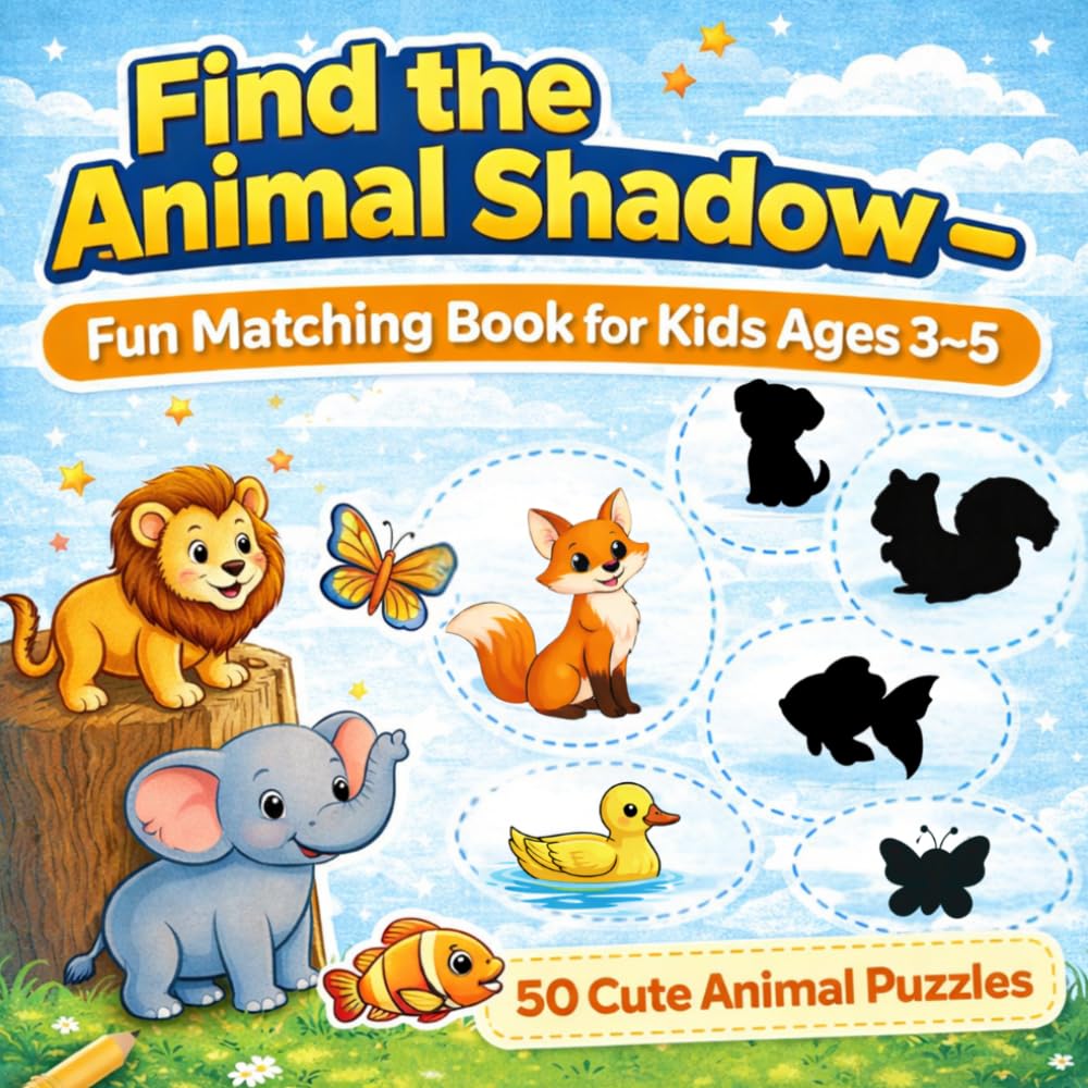 Find the Animal Shadow – Fun Matching Book for Kids Ages 3–5: 50 Cute Animal Puzzles. Shadow Matching Game for Preschool & Kindergarten (Little Shadow Detective Series)