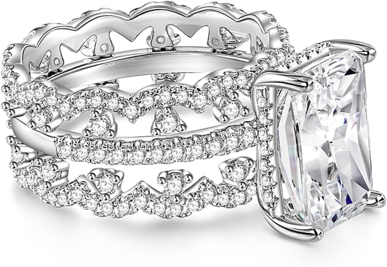 Jeulia 3pcs 6.9ct Radiant Cut Moissanite Rings for Women; Silver Diamond Wedding Rings for Women 14K White Gold Plated Engagement Promise Eternity Ring Band for Her with Jewelry Gift Box