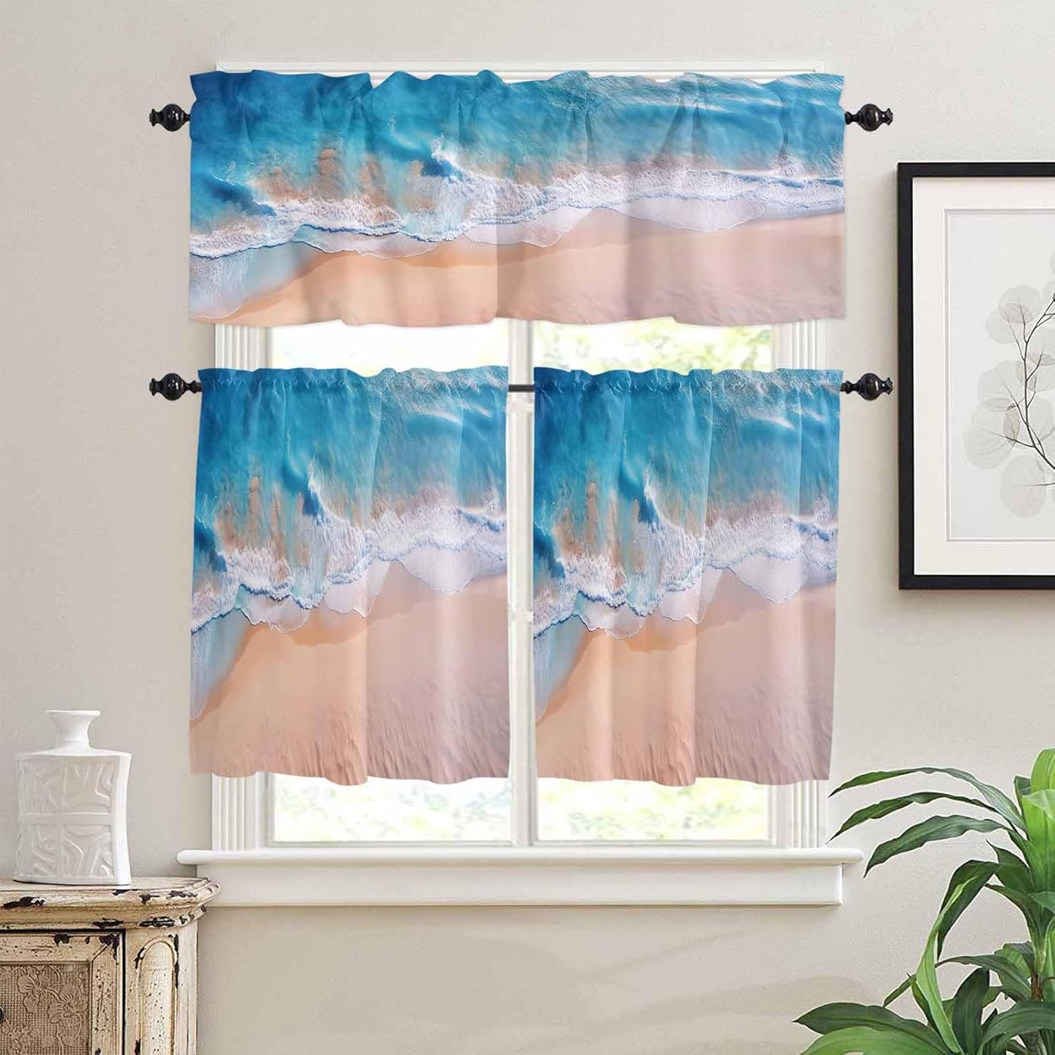 YOKOU Kitchen Curtains and Valances Set, Ocean Beach Summer Holidays Sea Sands Waves Blue Short Rod Pocket 3 Pieces Window Curtain Set for Bedroom, Bathroom, 24 Inch Long