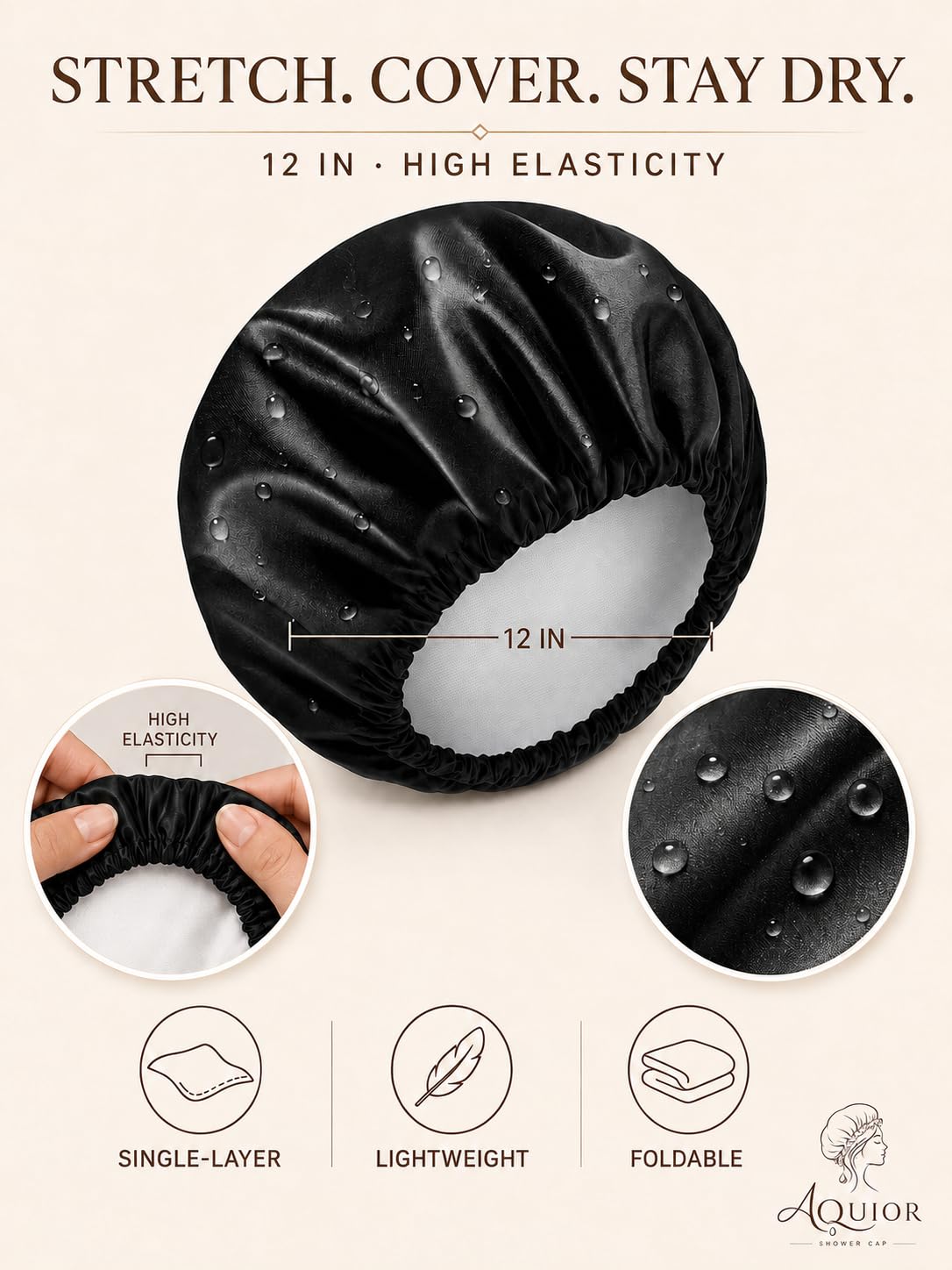 Aquior Shower Cap, Reusable Shower Cap for Women,Men, Waterproof Layer Hair Cap, Large Size for Long Hair, Braids, Curly, or Short Hair, for Girls Spa Home Salon Use (Black)