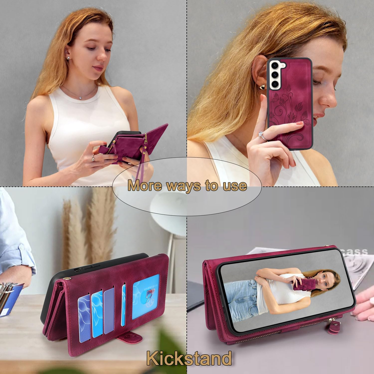 Lacass Compatible with Samsung Galaxy S23 5G 2023 Case [12 Card Slots] ID Credit Cash Holder Zipper Pocket Detachable Magnet Leather Wallet Cover with Wrist Strap Lanyard(Floral Wine Red)