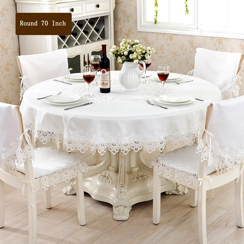 QXFSMILE Embroidered Table Cover Round Lace Tablecloth Unique Wedding Decoration,70 Inch,White
