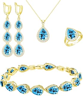 Necklace Long Earrings Bracelet Set, White Gold Plated Created Blue Sapphire Jewelry Set Wedding Party Gift Jewelry for Women Bridal Bridesmaid