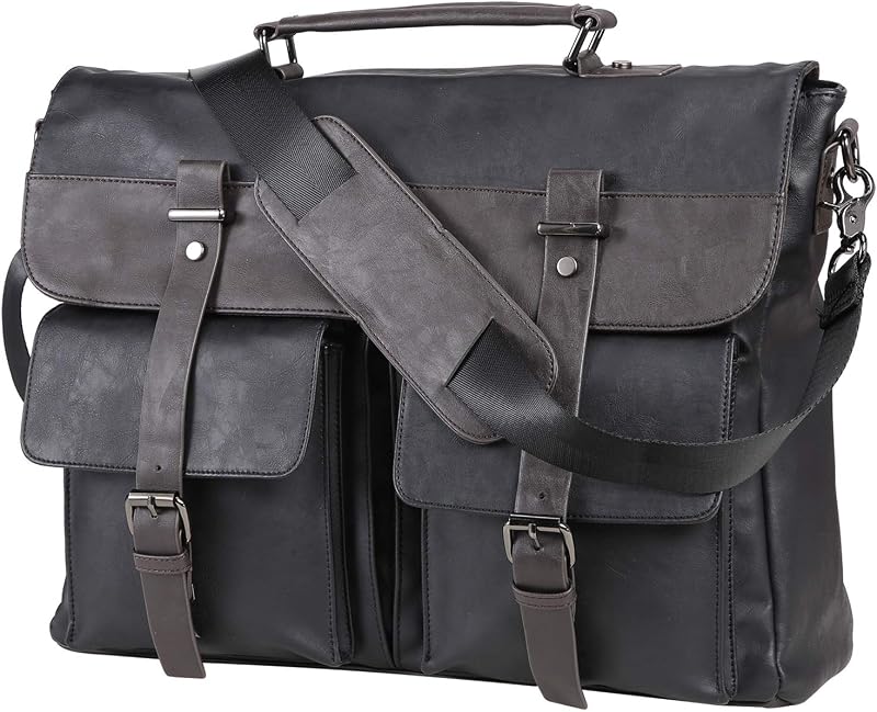 Bolso para computadora portátil de piel sintética resistente al agua de 17,3 pulgadas, color negro, vintage, para hombre, bandolera, cartera y maletín