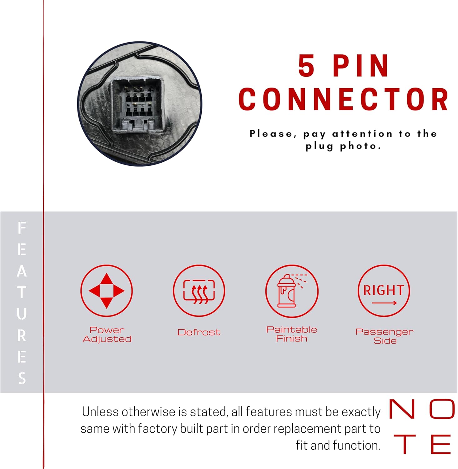 Spieg Passenger Side Mirror for 2008-2012 Honda Accord Sedan Power Adjustment Heated Glass Manual Folding Paint to Match 5 Pins Right HO1321231