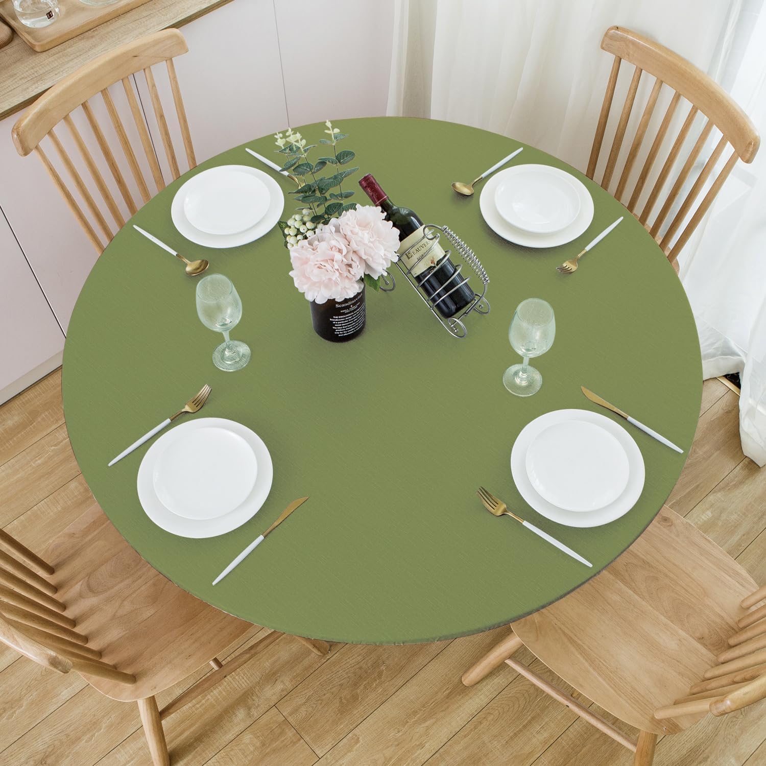 NLMUVW Olive Green Round Fitted Vinyl Tablecloth with Elastic Edge 100% Waterproof Oil Proof PVC Table Cloth Wipe Clean Table Cover for Indoor and Outdoor, 40"- 44" 44" (Round) Olive Green