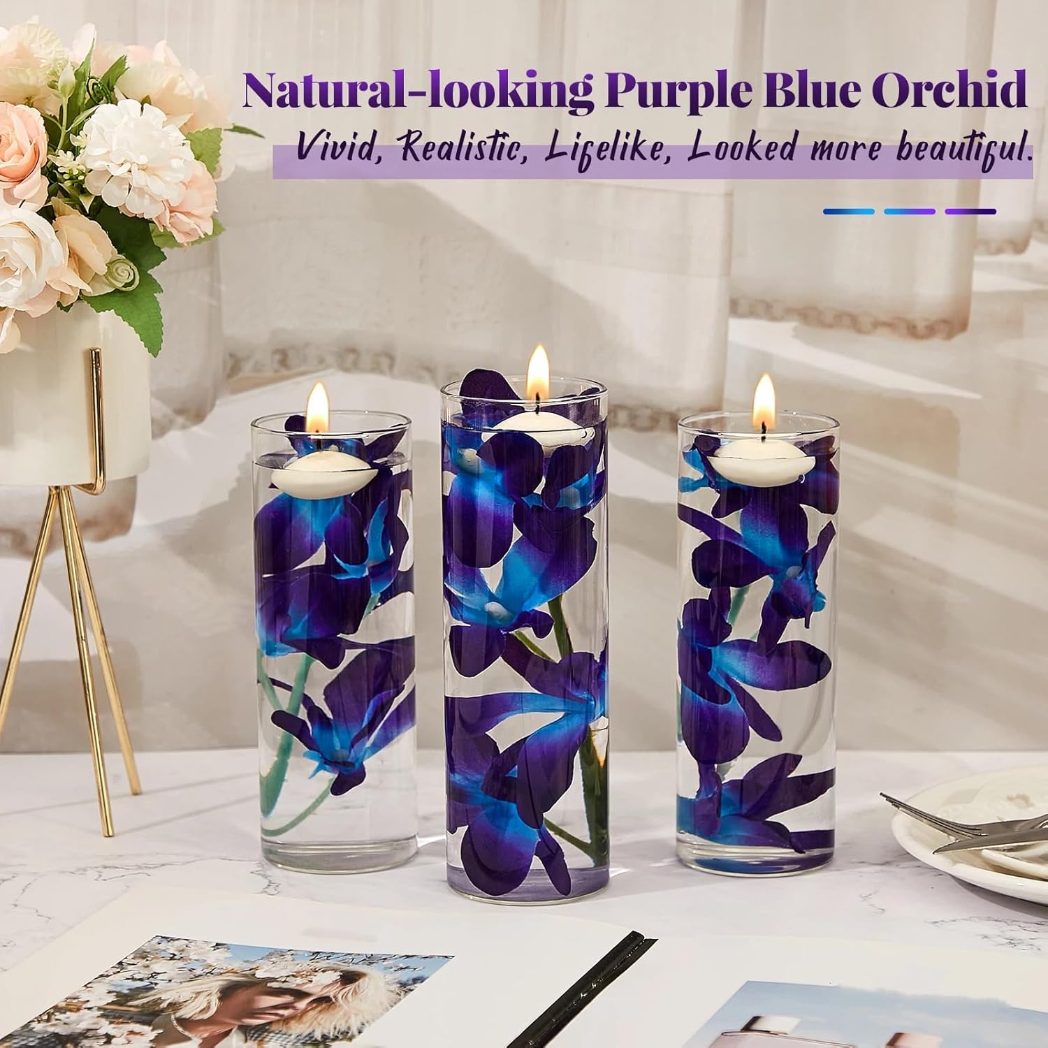 Canlierr 32 Pieces Blue Purple Faux Flowers Blue Orchid Flower Vase Fillers Faux Purple Orchid Wedding Table Centerpieces Filling for Floating Candles Wedding Birthday Party Table Decorations
