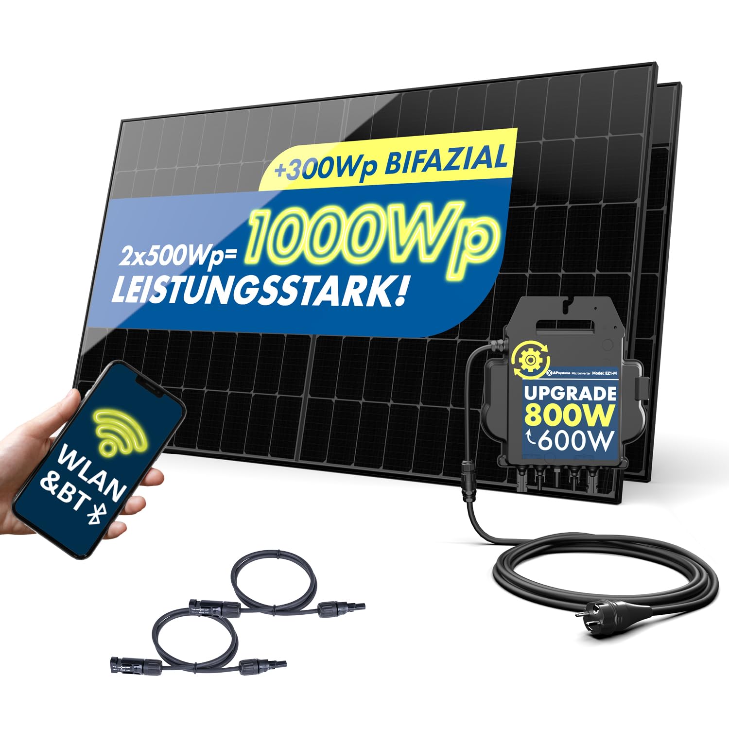 SPAUN Balkonkraftwerk 1000W p | 800W Komplettset mit bis zu 1300Wp bifazialer PV-Leistung und 3m Anschlusskabel zum Einstecken in die Steckdose - Wifi Fernüberwachung, Mini-PV-Anlage, N-TOPCon