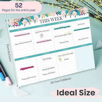 Weekly Planner Pad, 52 Sheets Tear-Off A4 Desk Pad, 120gsm Paper, Undated A4 Weekly To Do List Notepad Organiser Planning Pad for Scheduling & Time Management, 29.7 * 21cm
