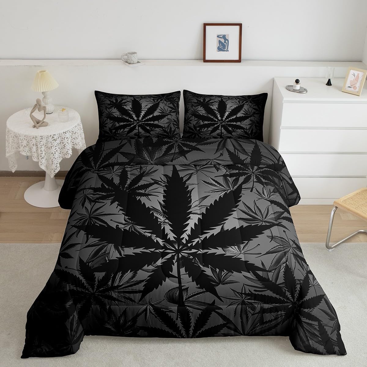 Erosebridal Leaf Bedding Set for Kids Boys Girls Teens,Neon Leaves Comforter Sets Queen,Duvet Quilt Lightweight,Botanical Plants Bed Set with 2 Pillowcases