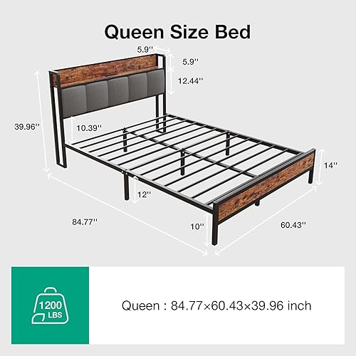 Miniatura 2 de Novilla Base de cama Queen con estación de carga USB/tipo C y cabecera de almacenamiento, marco de cama de plataforma de metal moderno, fácil