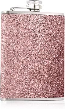 8 Oz Stainless Steel Glitter Hip Flask with NeverLose Attached Cap