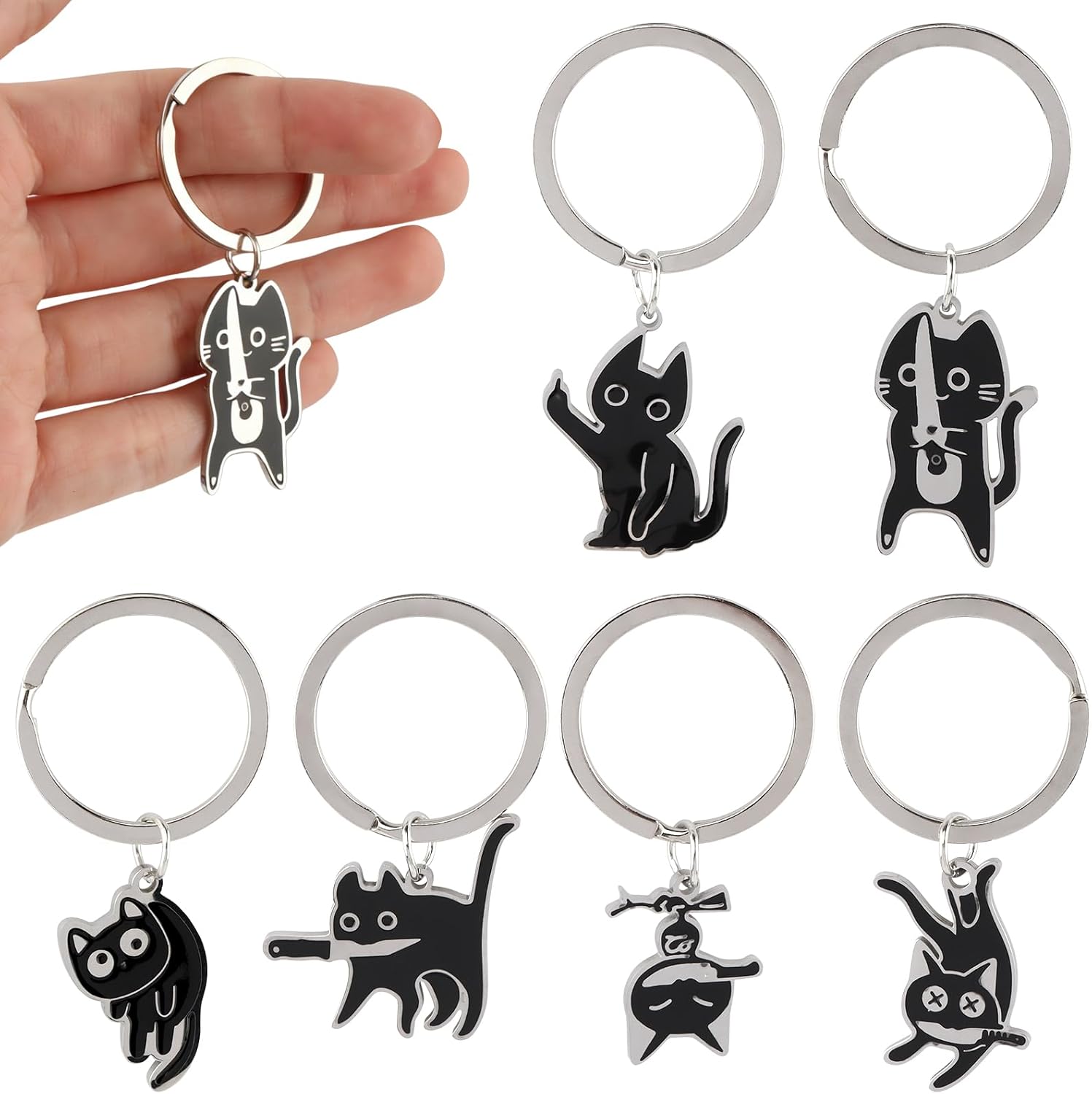 6PCS Cute Black Cat Cool Stuff Keychain, Cat Keyrings Funny Halloween Christmas Keychain Cat Lover Gifts Ideas Keychains for Women Men