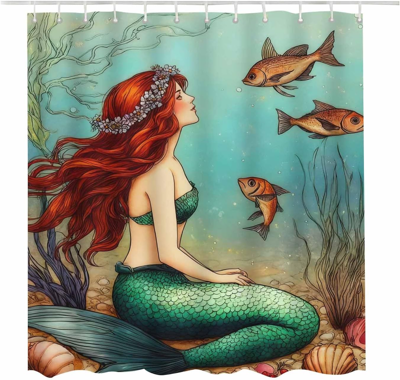 Mermaid in The Sea Shower Curtain Fish Seaweed Oil Painting Shell Beauty 100% Polyester Bathroom Decor Set with 12 Hooks Rust - Proof Metal Buttonhole (60×72 Inch)