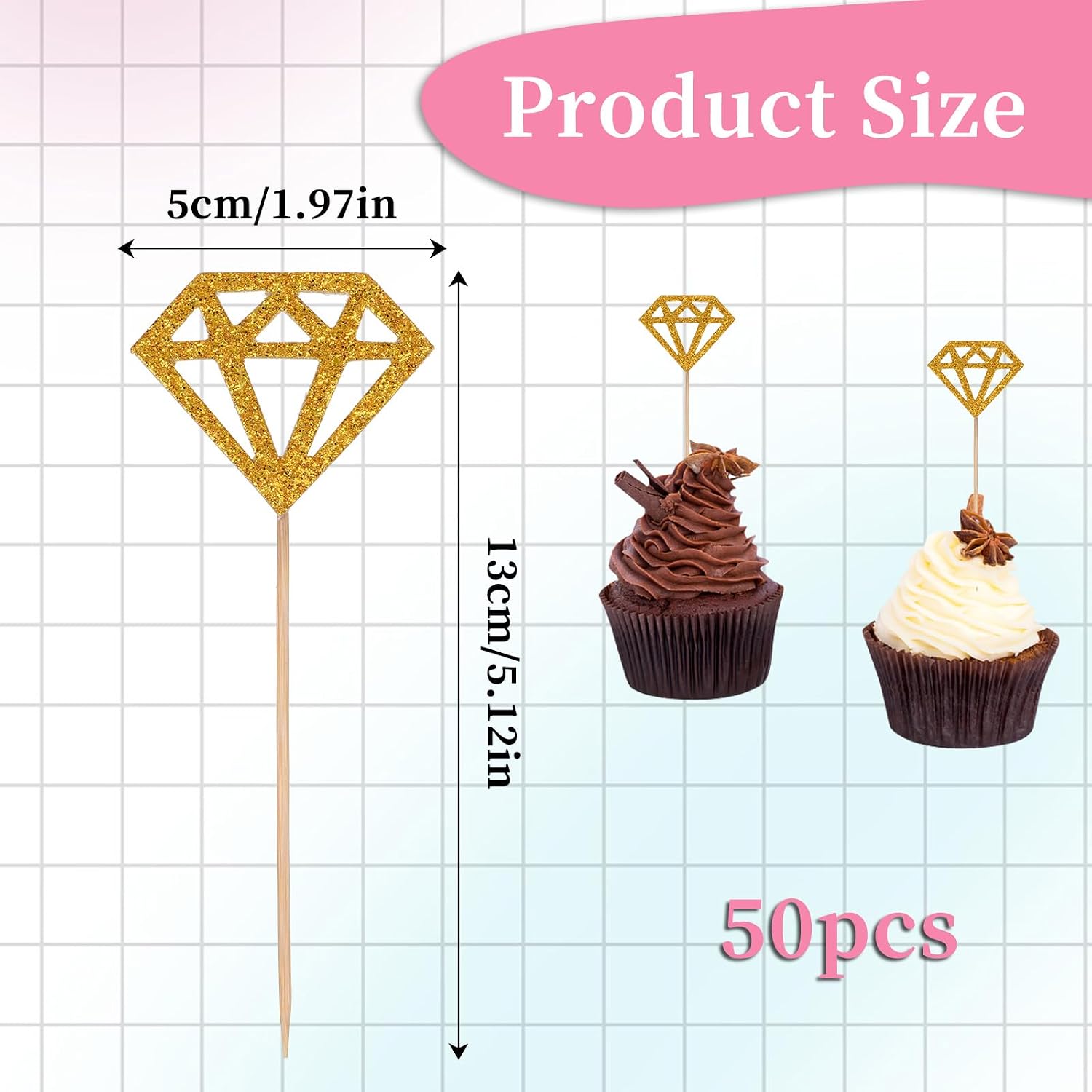 50 Pack Diamond Ring Cake Toppers Glitter Bridal Shower Cupcake Toppers Toothpicks for Wedding Engagement Anniversary Valentines Party Decorations (Gold)