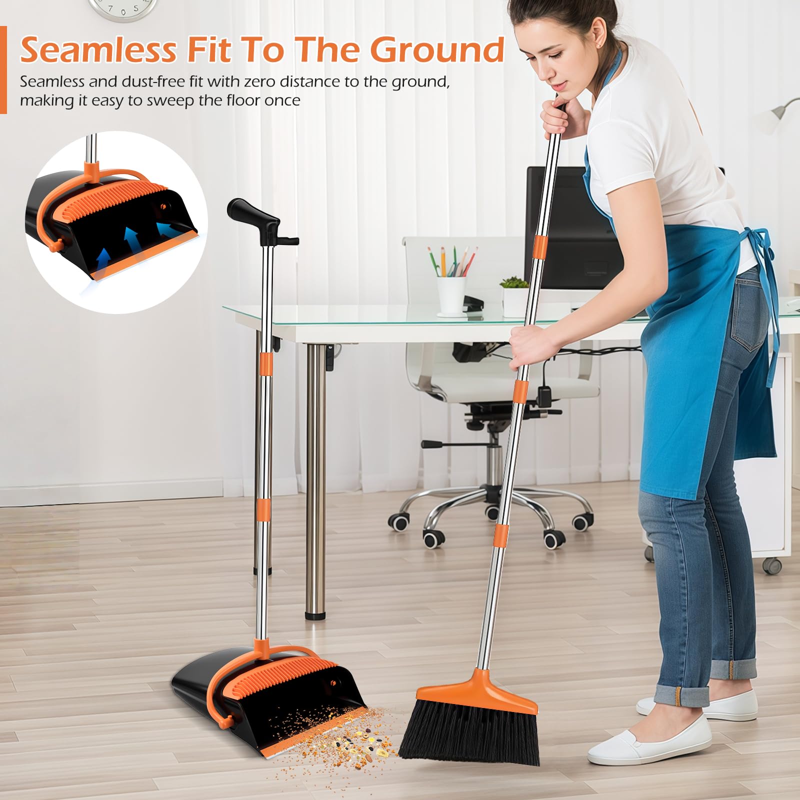 Escoba y Recogedor de Mango Largo 137 cm, Plegable, Combinados, Negro Naranja