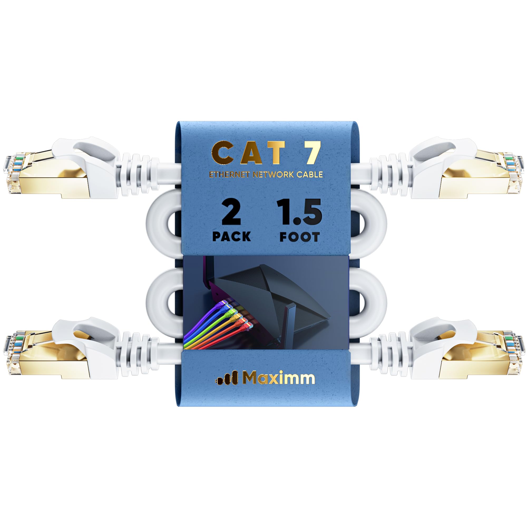 Cat 7 Ethernet Cable 1.5 ft - (2 Pack) High-Speed Cat7 Internet & Network LAN Patch Cables, RJ45 Connectors - Perfect for Gaming, Streaming, and More (White)