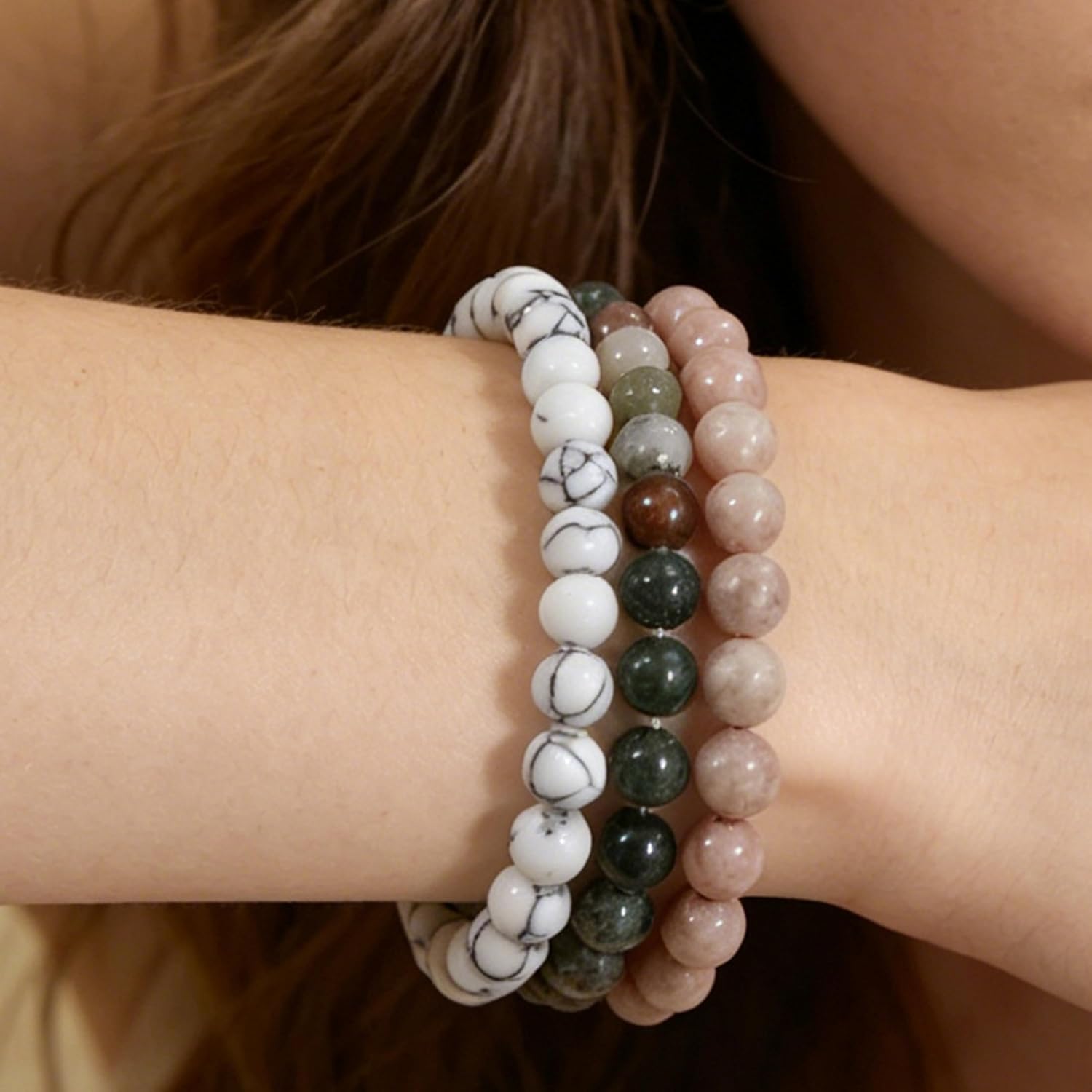 BOMAIL 12Pcs Semi-Precious Gemstones Bracelets for Women 6mm | Round Natural Stone, Healing Crystal Beaded,Handmade Stretch,Reiki Spiritual Yoga Jewelry,Durable,Meaning Card Bracelet Gift