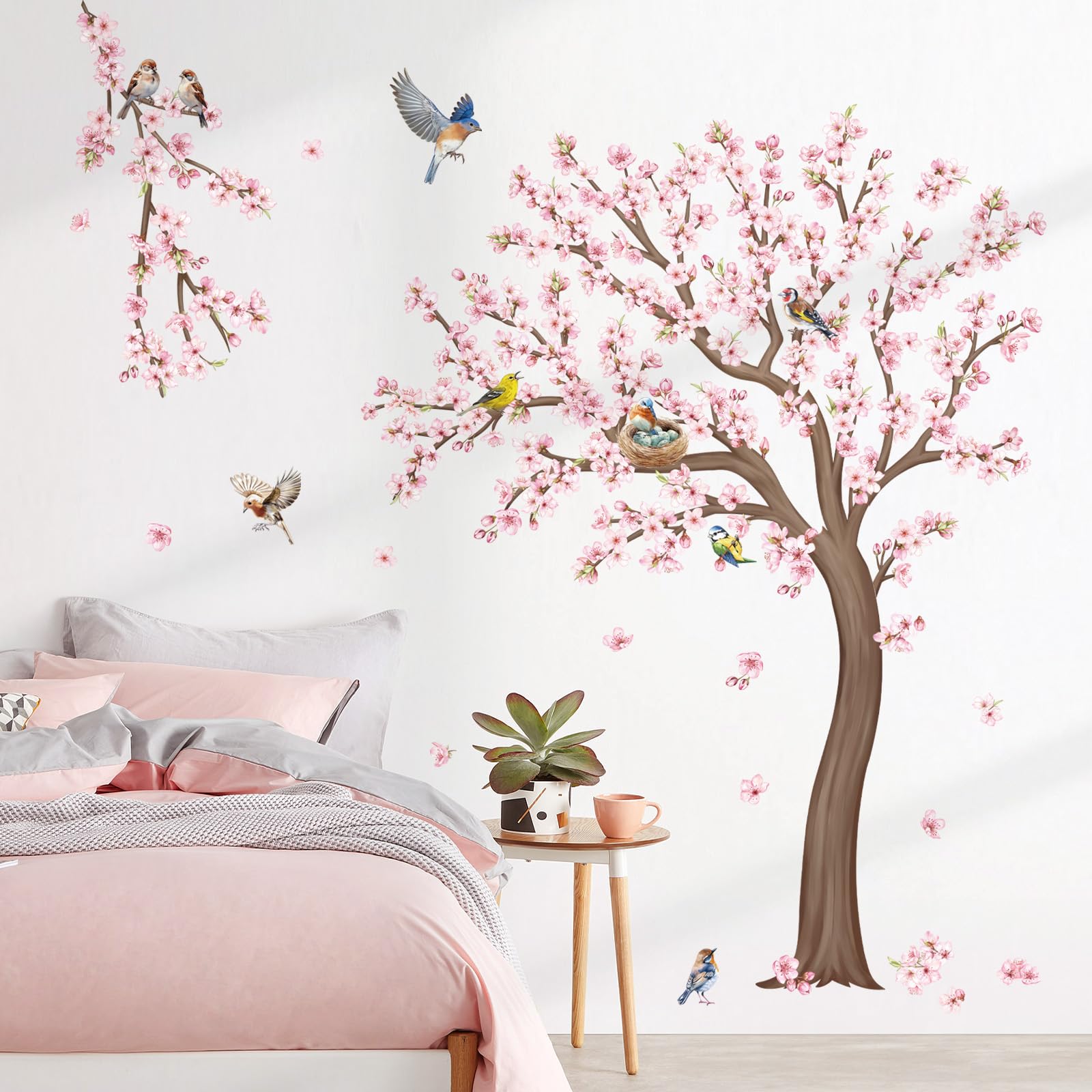 decalmile Large Cherry Blossom Tree Wall Stickers Pink Flower Birds Tree Branch Wall Decals Living Room Girls Bedroom Baby Nursery Wall Decor(H: 59 inches/150 cm) - Image 2