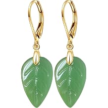 Natural Stone Drop Earrings,Yellow Gold Plated Real Crystal Quartz Jade Leaf Waterdrop Square Gemstone Dangle Earrings for Women Her