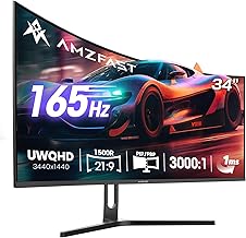 Amzfast 34 Zoll Curved Gaming Monitor - 165Hz(DP), 21:9 UltraWide QHD(3440x1440), 1 ms GtG, sRGB 130%, DCI-P3 95%, HDR, Adaptive Sync, Eyes-Care, VESA 75x75, HDMI 2.0*2/DP 1.4*2, PIP/PBP - AMZG34C5Q