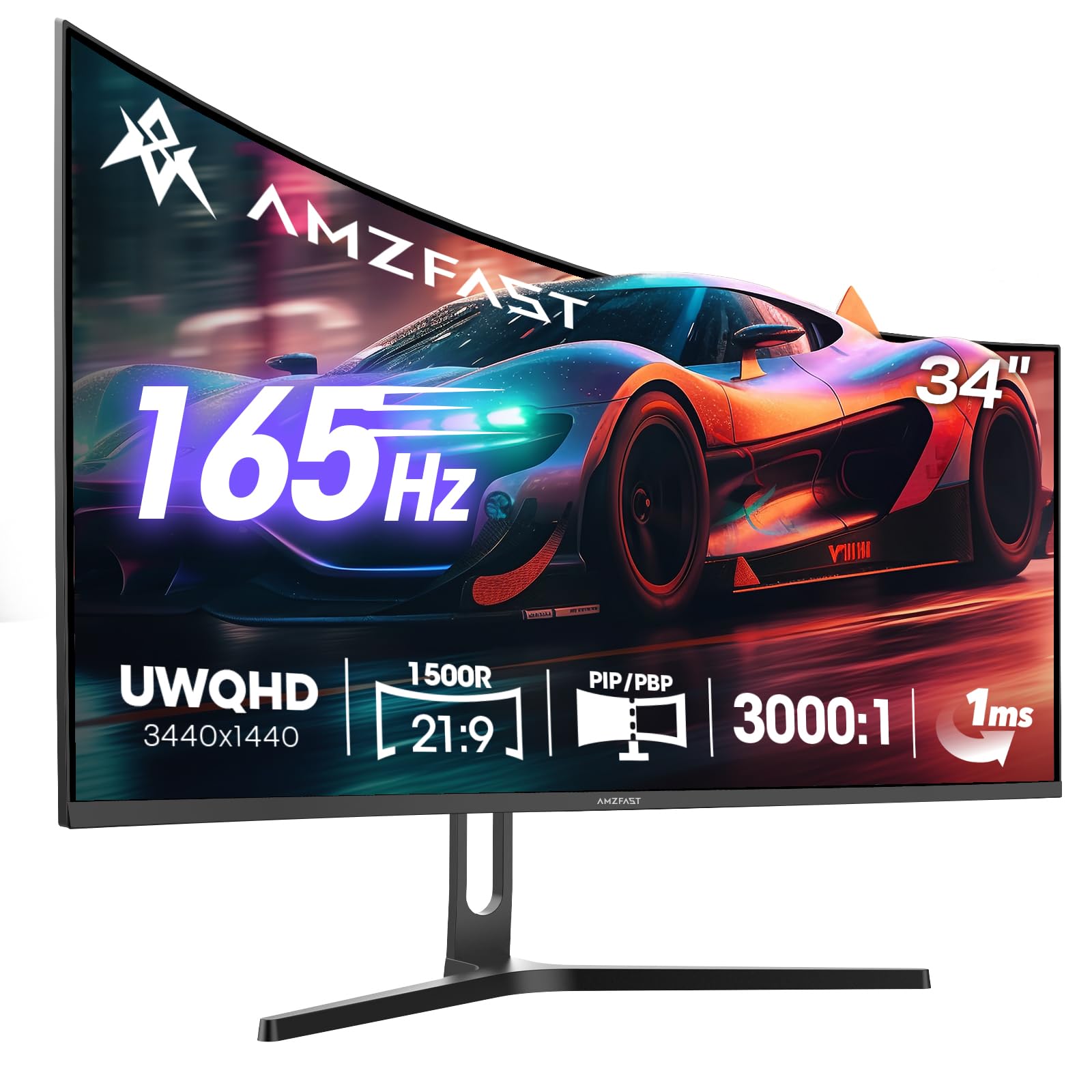 Amzfast 34 Zoll Curved Gaming Monitor - 165Hz(DP), 21:9 UltraWide QHD(3440x1440), 1 ms GtG, sRGB 130%, DCI-P3 95%, HDR, Adaptive Sync, Eyes-Care, VESA 75x75, HDMI 2.0*2/DP 1.4*2, PIP/PBP - AMZG34C5Q
