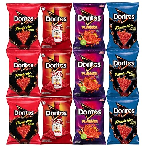 Doritos Hot & Spicy - Paquete variado de 12 unidades, 2.5 onzas cada uno (3 quesos Doritos Flamin Hot Nacho, 3 Doritos Tapatio, 3 Doritos Flamas, 3