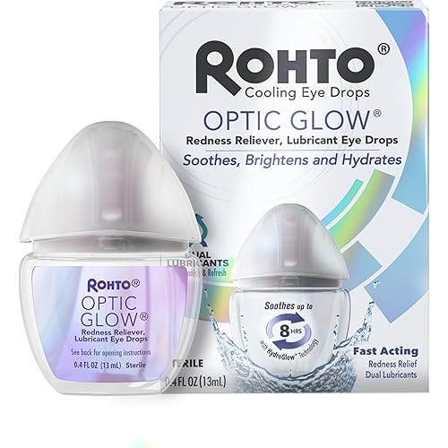 Rohto Optic Glow Whitening, Lubricant Eye Drops, Whitens, Brightens, and Hydrates Red Eyes, Fast-Acting Formula, Sterile Eye Drops, 0.4 fl oz Bottle