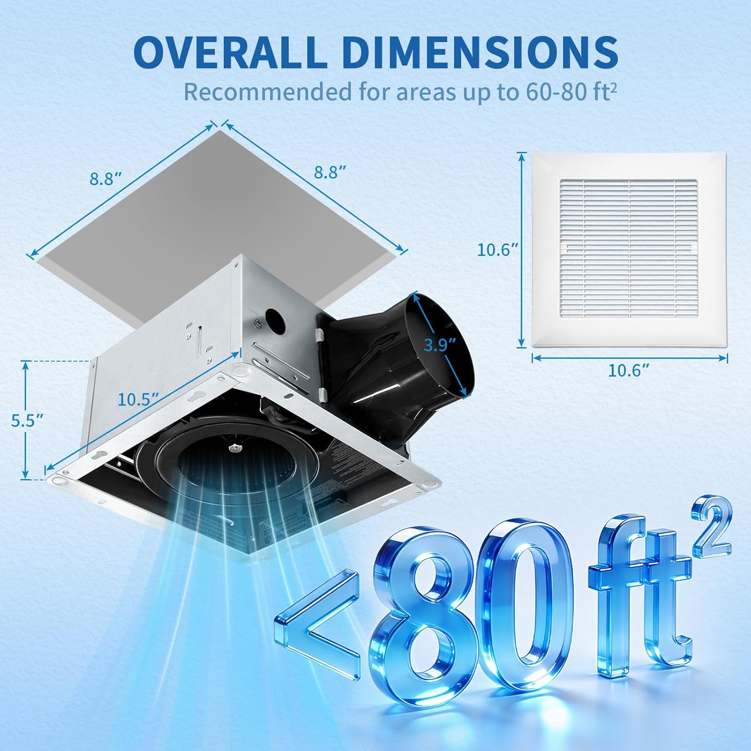 mw Bathroom Exhaust Fan, 80 CFM, Ultra-Quiet 0.8 Sones, Ceiling Mount Retrofit Ventilation for Bathrooms up to 80 sq ft, No Attic Access Needed, ETL & FCC Certified