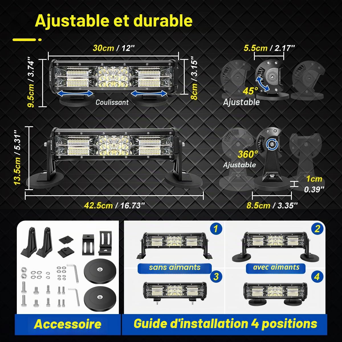Magnetic Light Bar Barre lumineuse magnétique, 30,5 cm, portable, pour allume-cigare, aimants puissants super lumineux, lampe de travail LED réglable sur 4 positions pour 4 x 4 véhicules