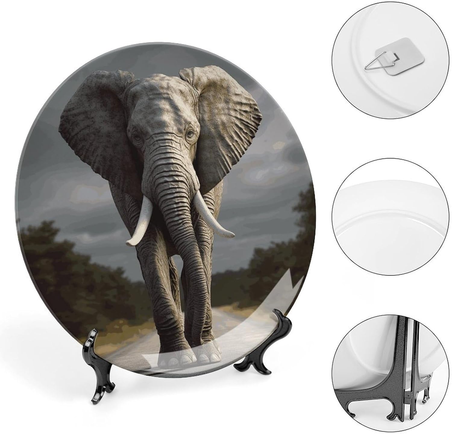 3D Elephant Bone China Decorative Plate with Display Stand, Ceramic Ornaments Plate for Wall Hanging, Personalized Porcelain Plates for Office, Living Room 8inch