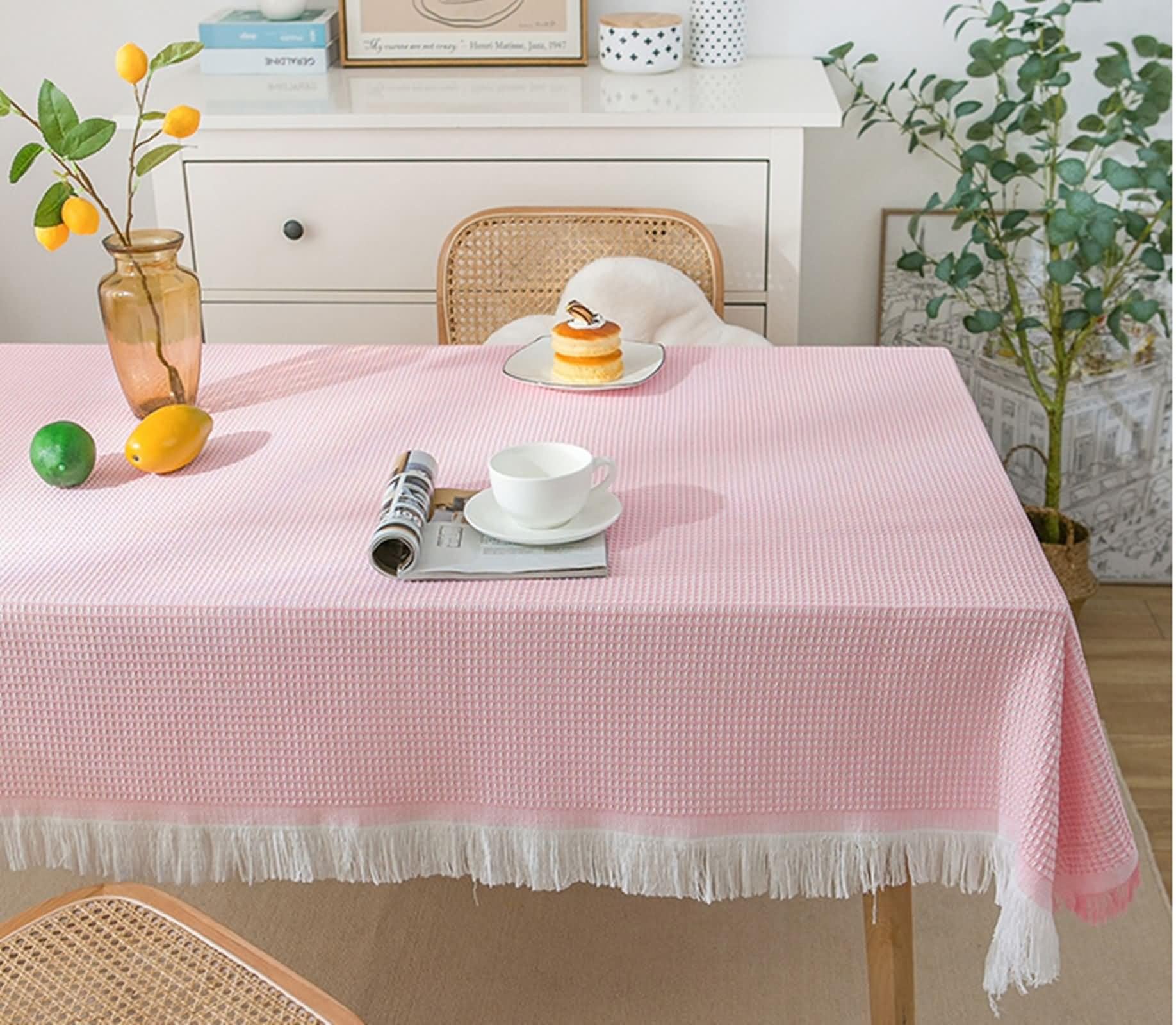 Tovaglia Copri Tavolo Soggiorno, Rosa Bianco Tovaglia Cucina Moderna 130x180cm Tinta Unita con Nappe Stoffa