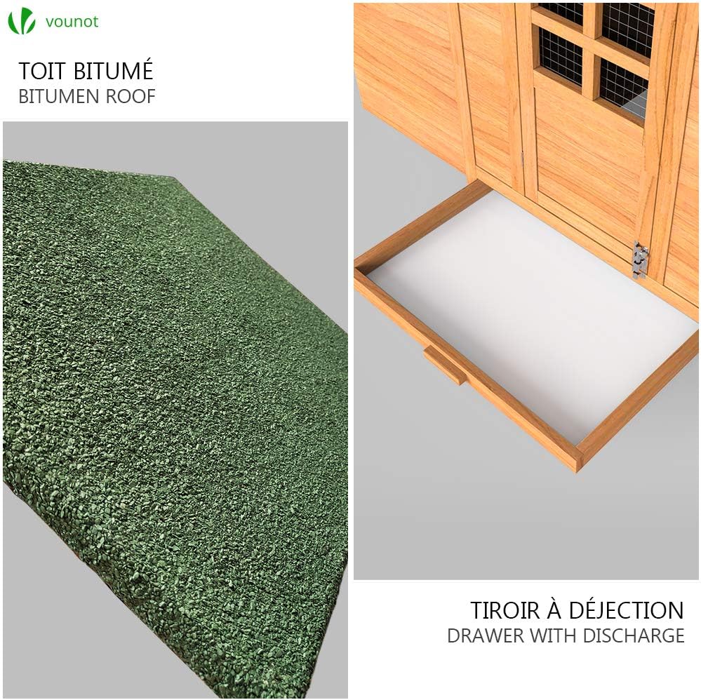 Close-up of bitumen roof and removable discharge drawer of VOUNOT Small Wooden Chicken House