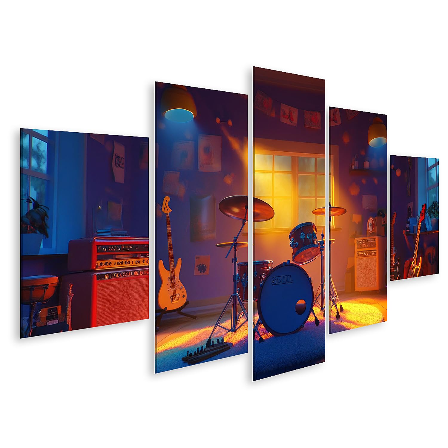islandburner Prime Quadro su tela Studio musicale di notte con illuminazione e strumenti per sala musicale, amanti della musica, negozio di musica, immagini da parete poster