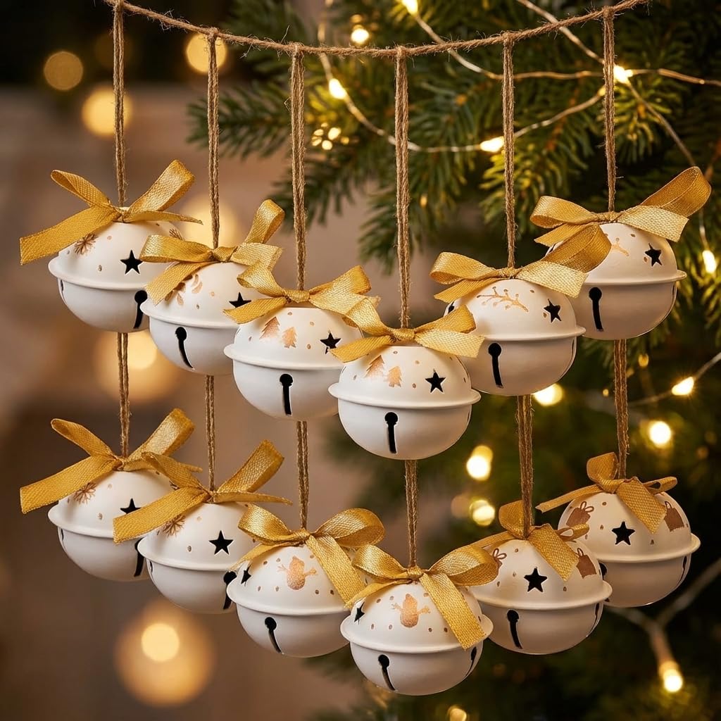 Valery Madelyn 12pcs White & Gold Christmas Tree Decorations, Metal Christmas Jingle Bells, Xmas Hanging Pendants Ornaments with Hollow-carved Design