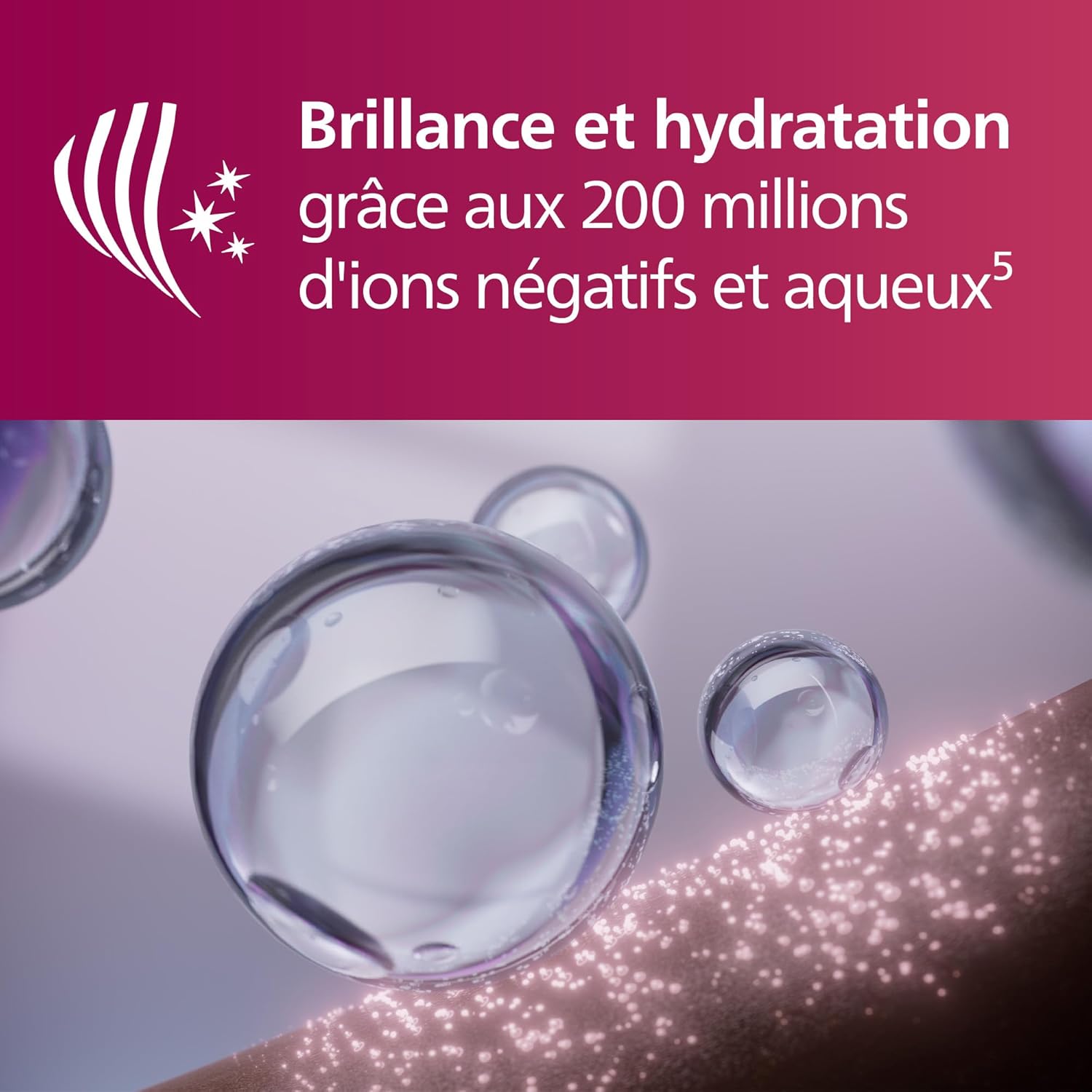 Illustration of negative and aqueous ions for hair shine and hydration.