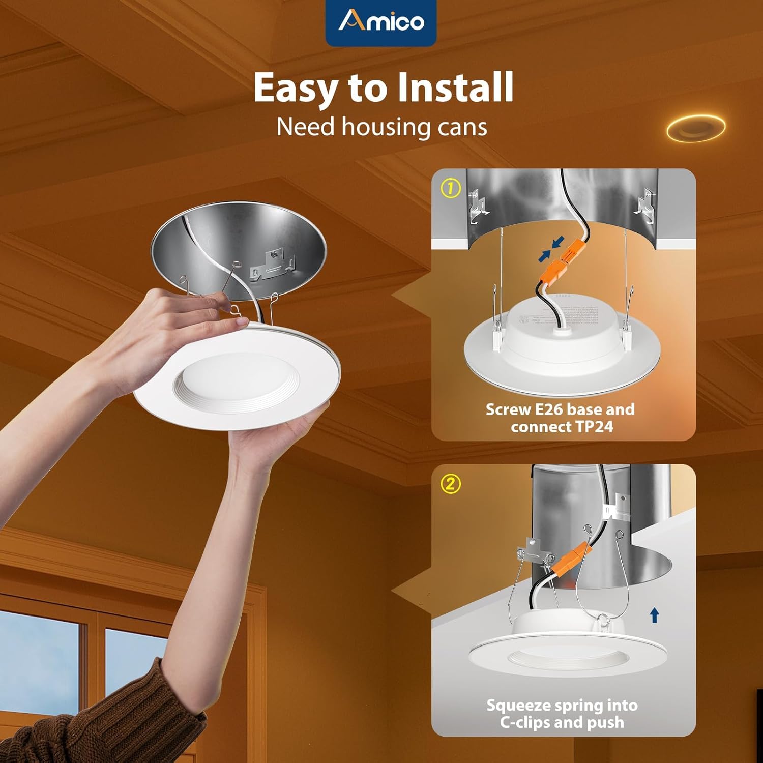 Amico 12 Pack 5/6 Inch LED Can Lights with Night Light, 5CCT Retrofit Recessed Lighting Selectable 2700/3000/4000/5000/6000K, Dimmable, 12W=110W, 1100LM Downlight - ETL & FCC - Image 4