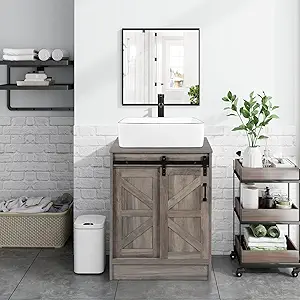 24" Barn Door Bathroom Vanity, Farmhouse Style Standing Pedestal Cabinet with Square White Ceramic Vessel Sink