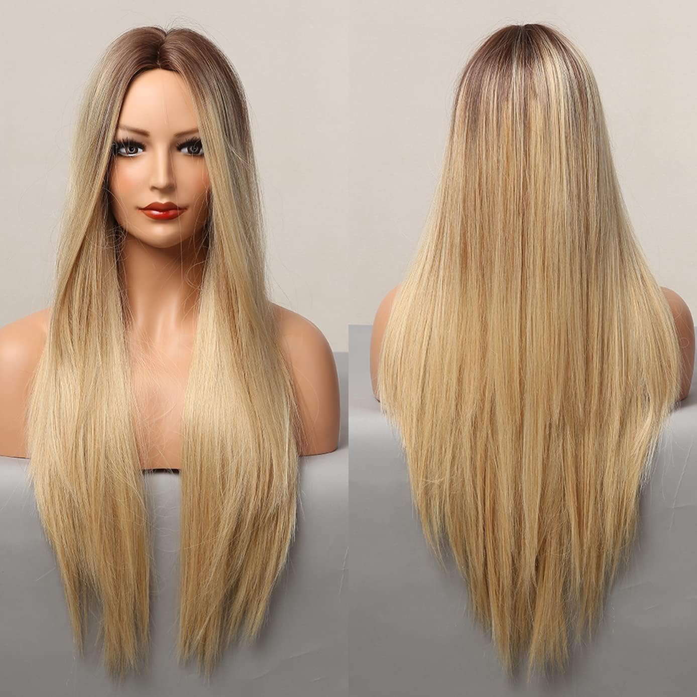 BERON Blonde Ombre Long Straight Wigs for Women Girls Dark Roots Ash Blonde Synthetic Wigs for Daily Party Wig Cap Included