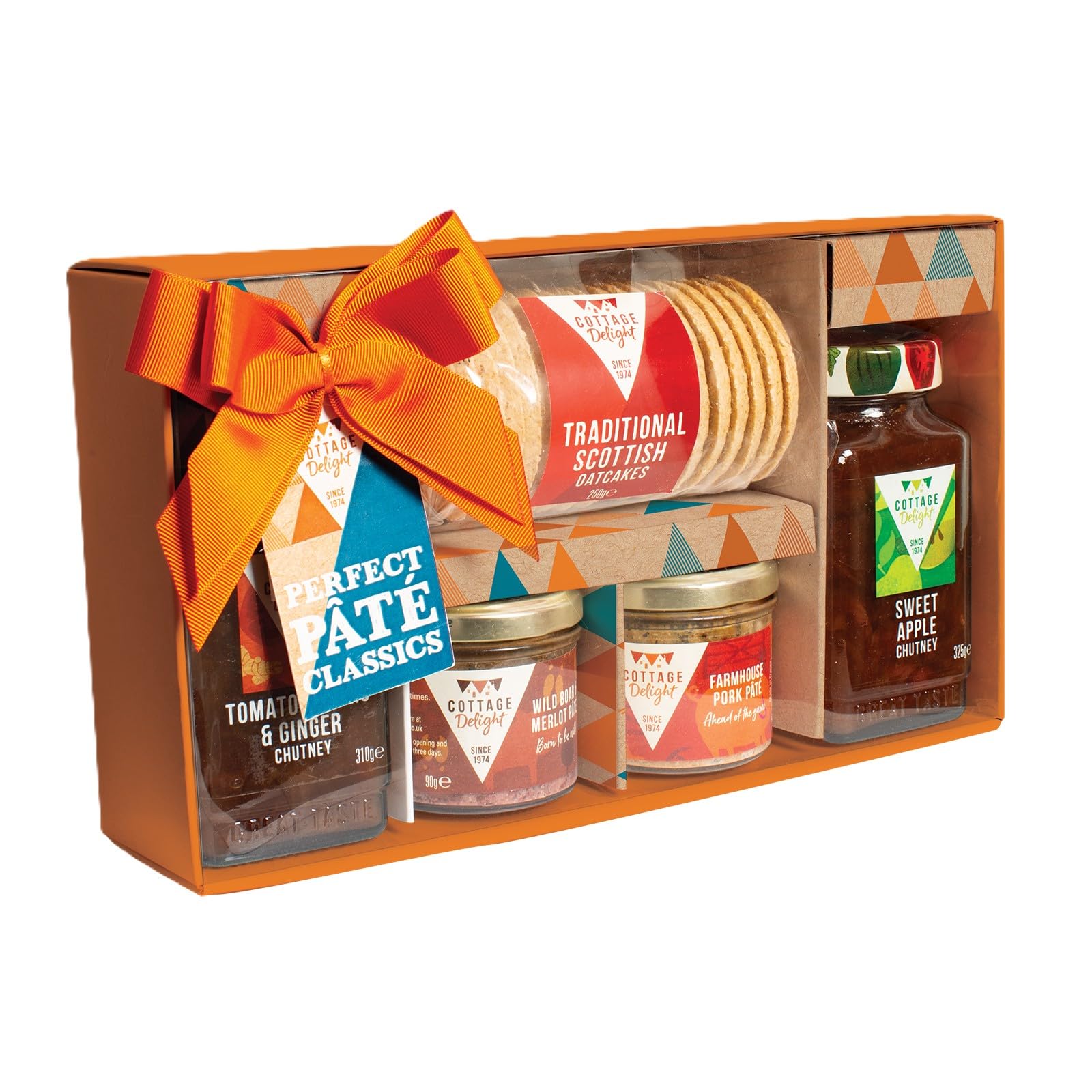 Cottage Delight Pate Hamper, Perfect Pate Classics, Tomato Garlic & Ginger Chutney 310g, Farmhouse Pork Pate 90g, Wild Boar & Merlot Pate 90g, Sweet Apple Chutney 325g with Scottish Oakcakes
