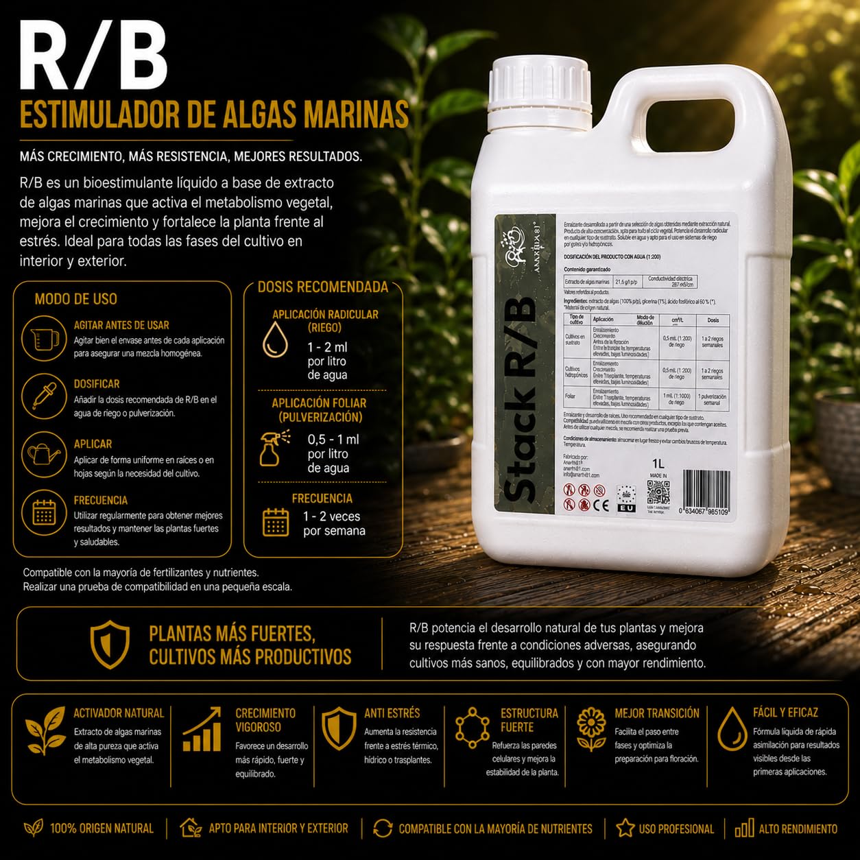 R B 3,8 L – Estimulador de Algas Marinas Fortificante Plantas Anti Estrés Crecimiento y Transición Fertilizante Líquido Cultivo Interior y Exterior - Anarkia81