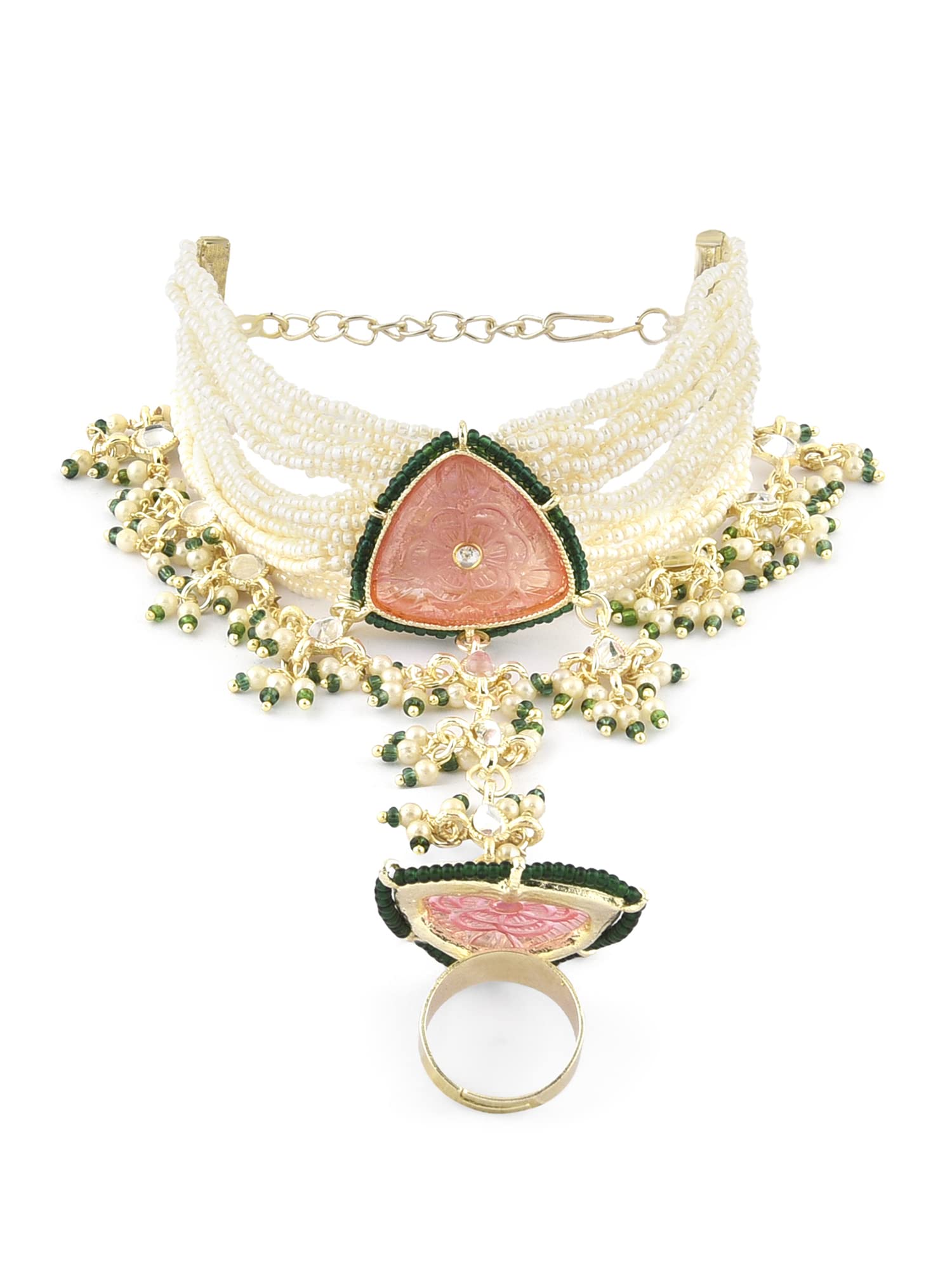 Women's Pink & Green Multistrand Bridal Hand Harness