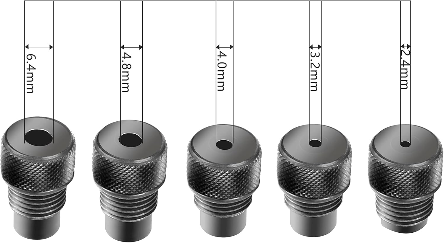 Close-up of rivet gun nozzles with dimensions