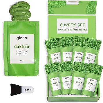 Glorio DETOX 8 Cleansing Clay Face Mask Treatments - Rare Green Clay - 8 Week Beauty Set - Minimizes Pores, Blackheads, Breakouts - Glycolic + Salicylic Acid, Indian Clay, Spa Gift Set, Face Skincare