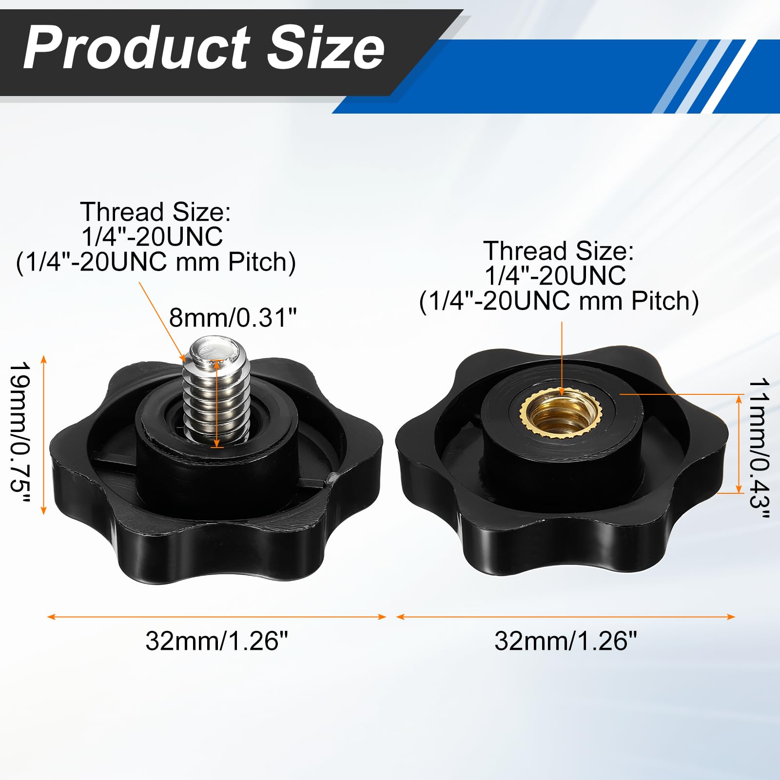 sourcing map Set di 2 pomelli a stella da 1/4"-20UNC x 8 mm maschio + 1/4"-20UNC filettatura femmina 32 mm testa metrica 6 stelle filettate Stud serraggio maniglie vite in foro passante manopola a
